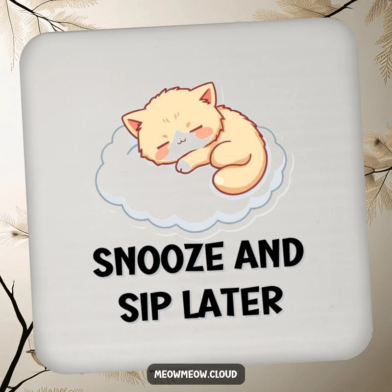 Funny drink coasters with a fluffy cat napping on a cloud, protecting furniture with dreamy style.