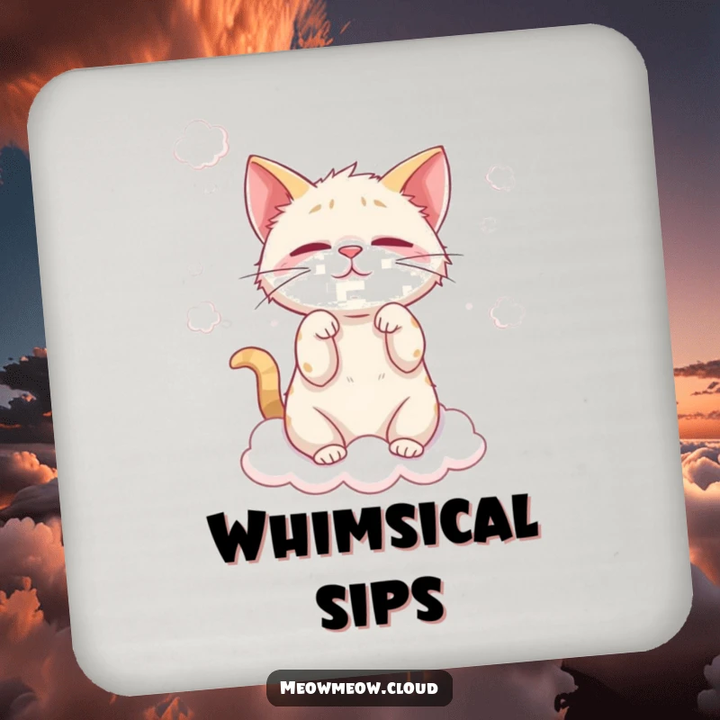 Funny cat cloud wisp coaster featuring a mischievous cat playing with fluffy clouds, adding playful protection.
