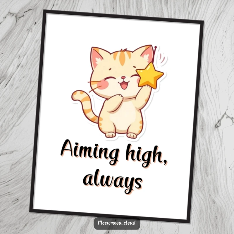 Funny poster featuring a smiling cat character playfully batting at a dangling star, bringing a sense of playful wonder to the space.