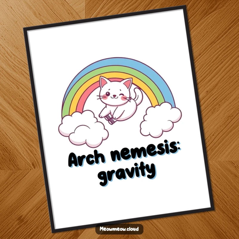 Funny poster of a playful cat sliding down a rainbow above a cloud, a piece of art that radiates joy and humor.