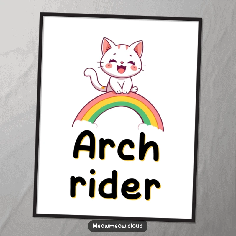 Funny poster featuring a cheerful cat character riding a rainbow arch like a slide, bringing a sense of playful adventure.