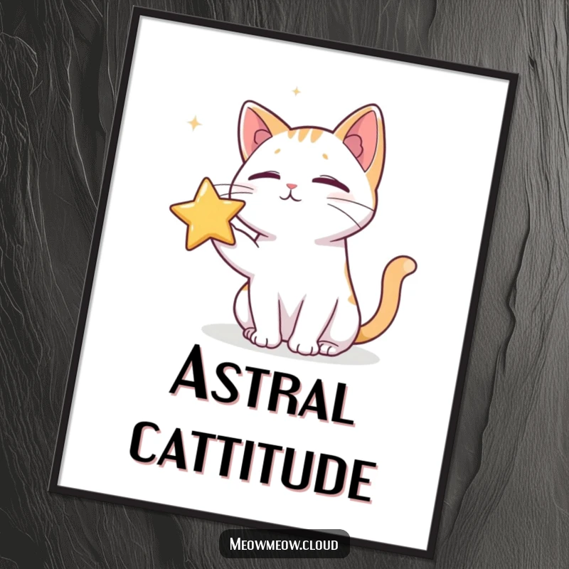 Funny poster illustrating a cat gently poking a distant star, capturing a moment of whimsical cosmic interaction.