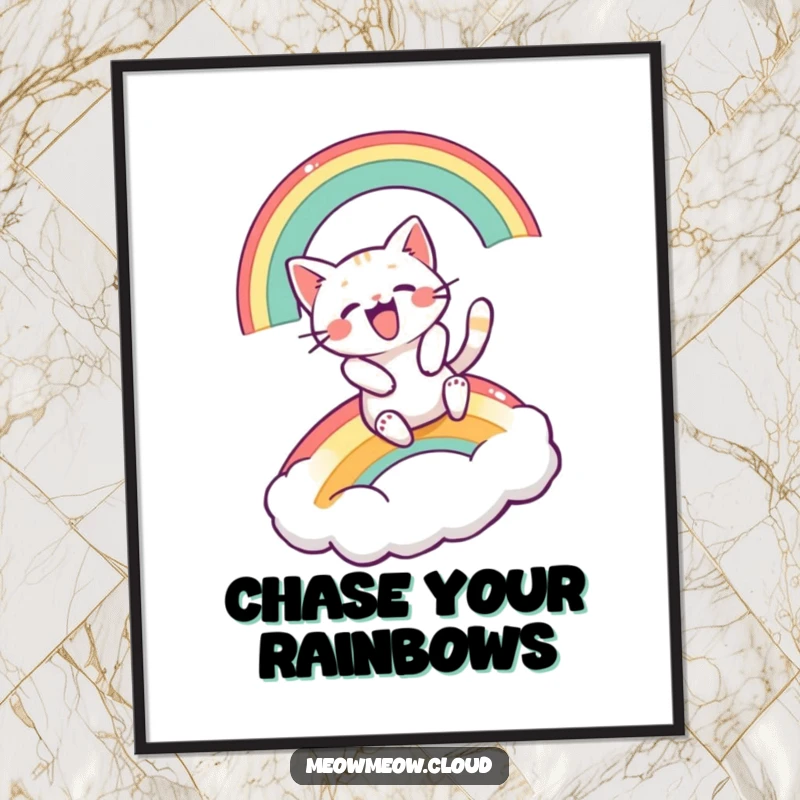 Funny poster showcasing an excited cartoon cat making a thrilling slide down a colorful rainbow.