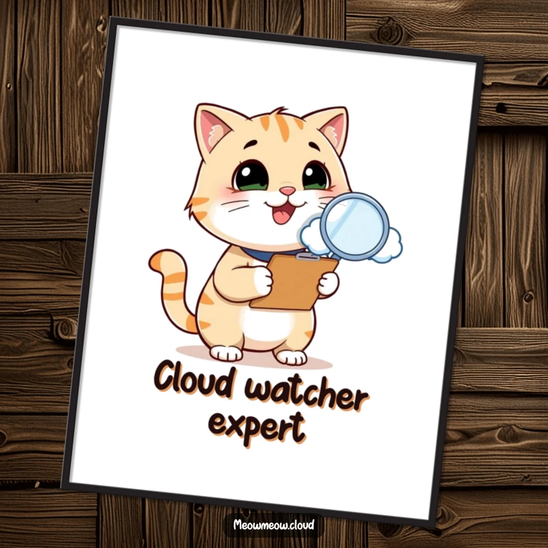 Funny cat inspector poster, a smiling cat with a clipboard and magnifying glass examines a cloud, ideal for humorous and whimsical wall art.