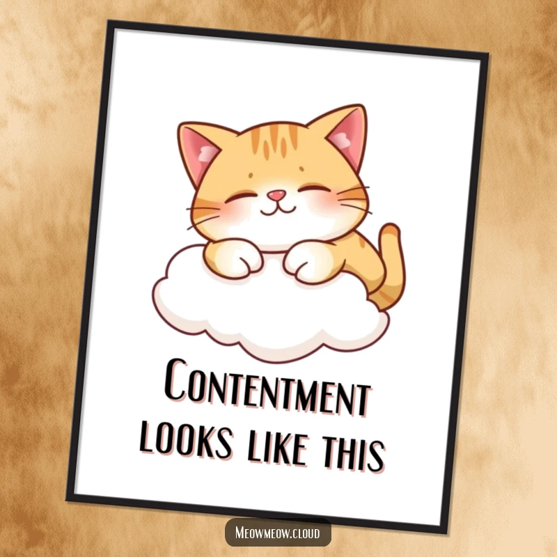 Funny poster of a contented cat stretching on a cloud, inspiring relaxation and happiness.