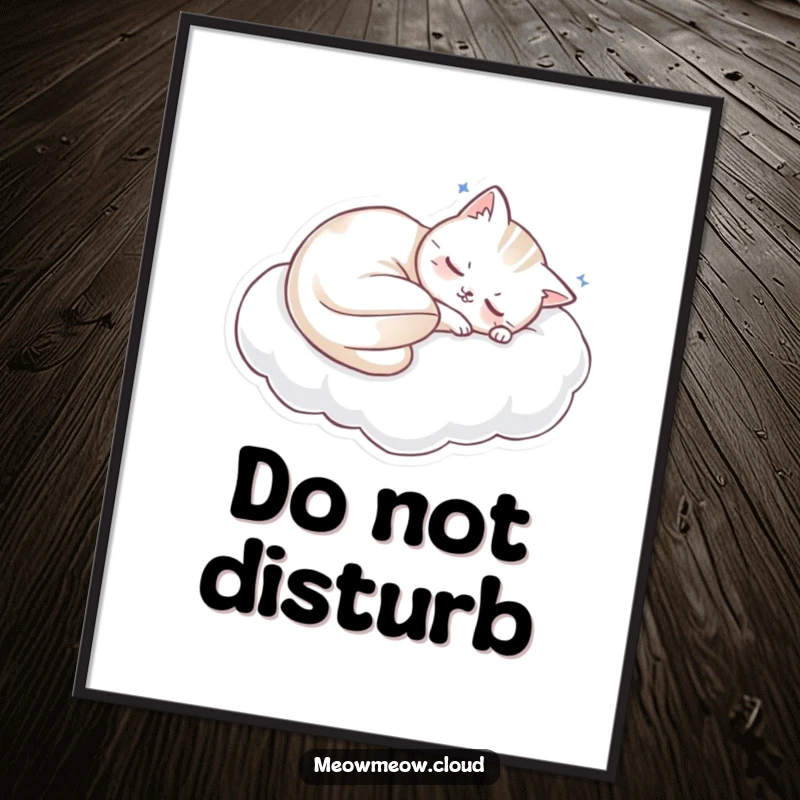 Funny sleeping cat curled on a soft cloud pillow, a humorous poster for serene wall art and funny gifts.