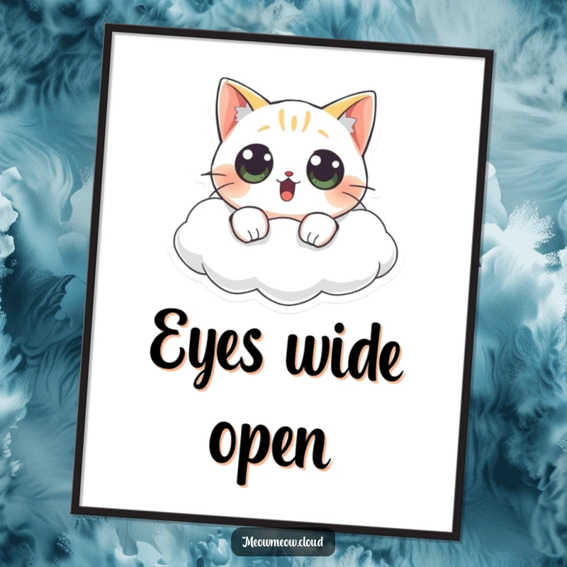 Funny cat poster capturing a shocked cat with wide eyes floating on a cloud, creating a humorous and eye-catching display.