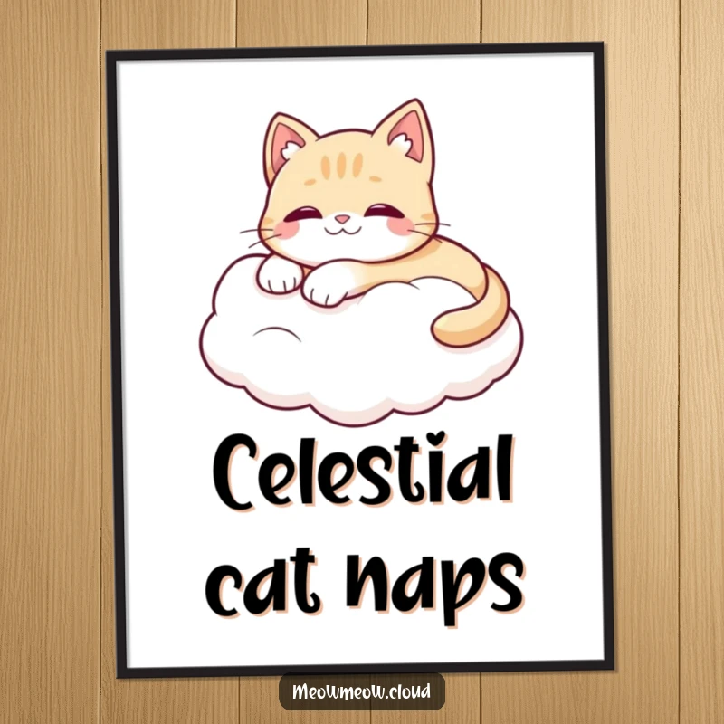 Funny poster art of a cute cat blissfully lounging on a fluffy white cloud, radiating serenity and joy.