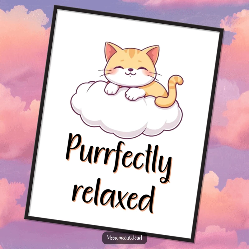 Funny poster art featuring a happy cat lounging on a puffy white cloud, adding a serene and humorous touch.