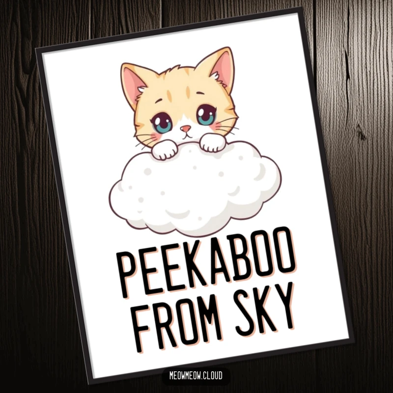 Funny curious cat peeking over a fluffy cloud's edge, a whimsical and humorous poster for wall art and funny gifts.