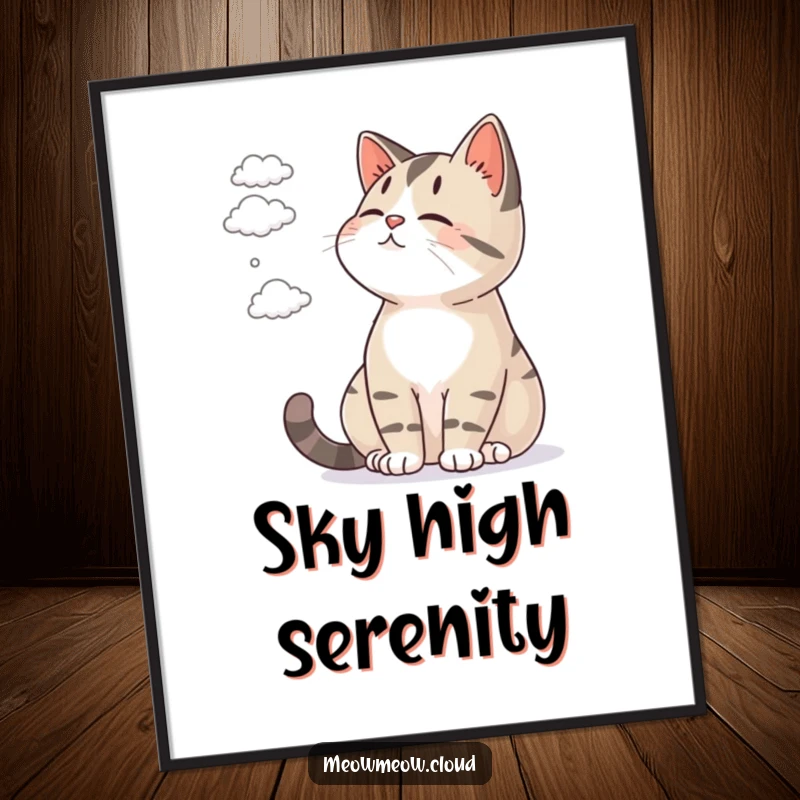 Funny poster showing a content cat observing small, fluffy clouds drifting peacefully across a blue sky.