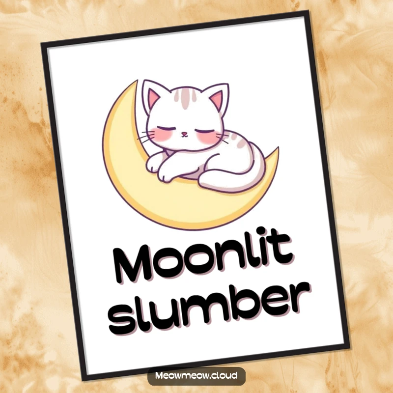 Funny poster featuring an adorable cat character peacefully napping on a crescent moon, creating a serene and calming visual.