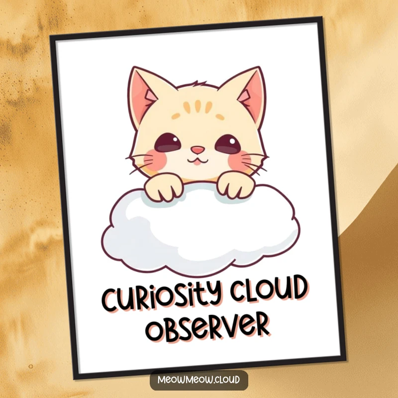Funny poster art of a mischievous cat peeking over a cloud, capturing a sense of playful wonder and adventure.