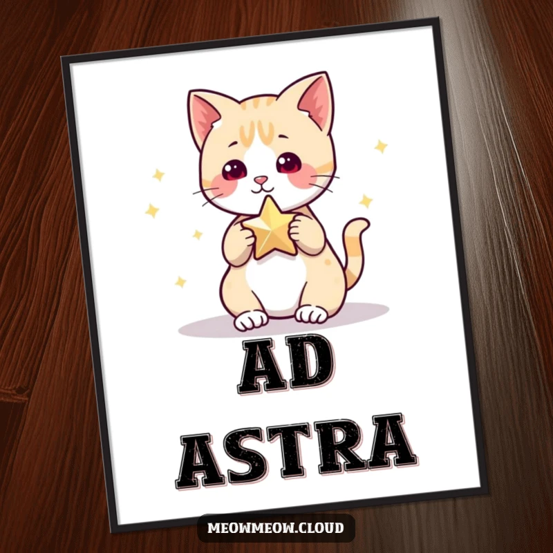 Funny Poster showcasing a cute cat character playfully swatting at a glowing star in a dreamy, starlit environment, adding whimsical art.
