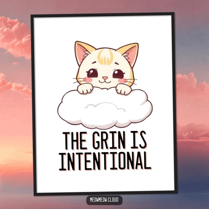 Funny poster showcasing a cheeky cartoon cat peeking over a cloud with a big, happy grin.