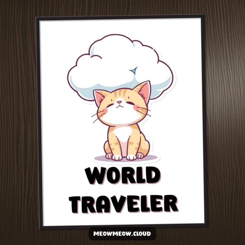 Funny curious cat looking down from a cloud with wonder, presented as a thought-provoking and humorous wall art poster.