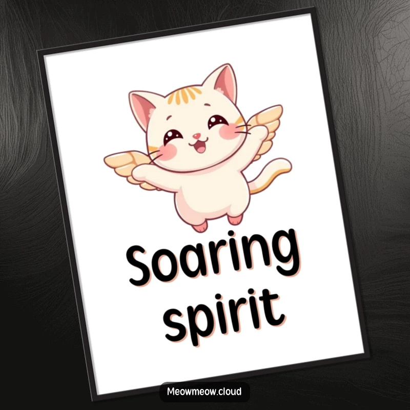 Funny Poster showcasing a cheerful cat with delicate wings, joyfully flying, adding a whimsical and uplifting element to wall decor.