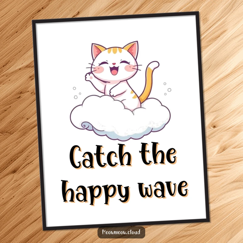 Funny poster showing a joyful cartoon cat riding a fluffy cloud like a gentle ocean wave.