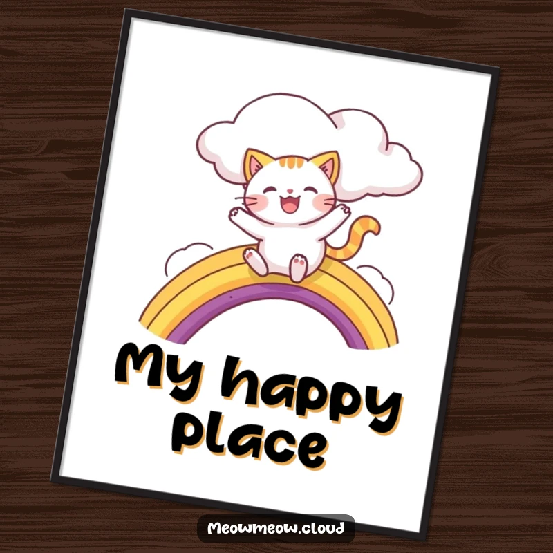 Funny poster displaying a joyful cat character descending a vivid rainbow from a cloud, a symbol of pure, unadulterated fun.