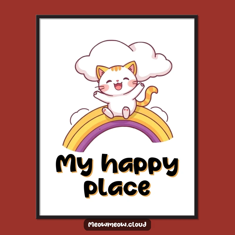 Funny Joyful Cat Rainbow Poster - Whimsical Feline Art Print Gift