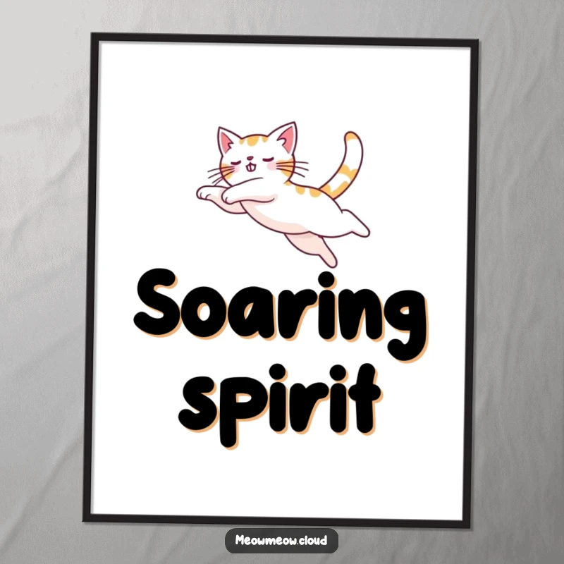 Funny cat performing a graceful arc in the sky, rendered as a dynamic poster artwork for wall decoration.