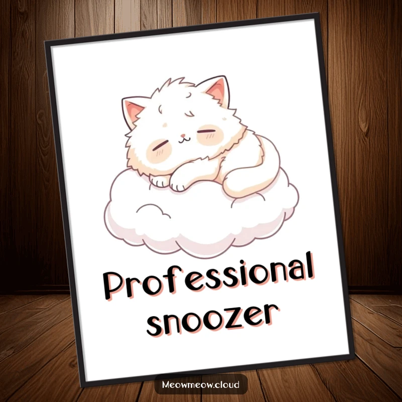Funny fluffy cat peacefully sleeping on a cloud, framed wall art showcasing serene humor and relaxation.