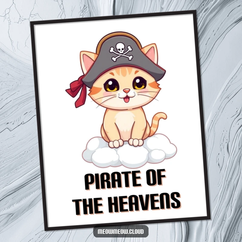 Funny pirate cat poster, proud feline captain on a cloud island, majestic and humorous wall art for cat lovers.