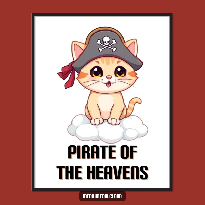 Funny Pirate Cat Poster: Majestic Cloud Island Art for a Humorous Home