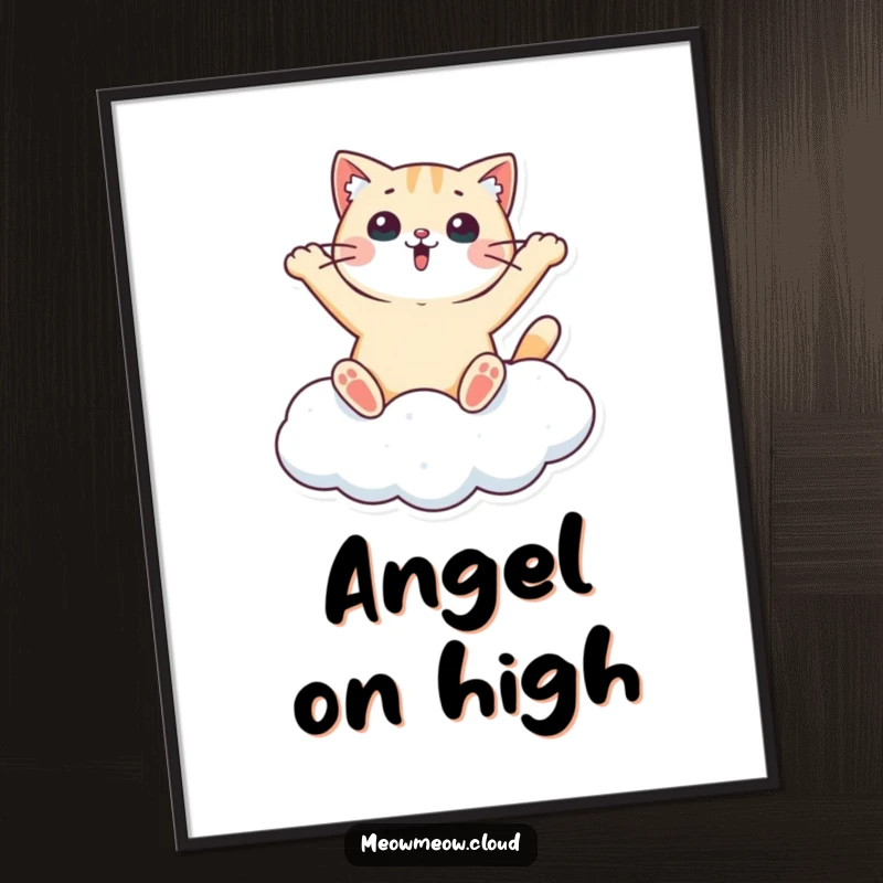 Funny poster art of a surprised cat making a snow angel on a cloud, bringing whimsical celestial humor and feline charm to walls.
