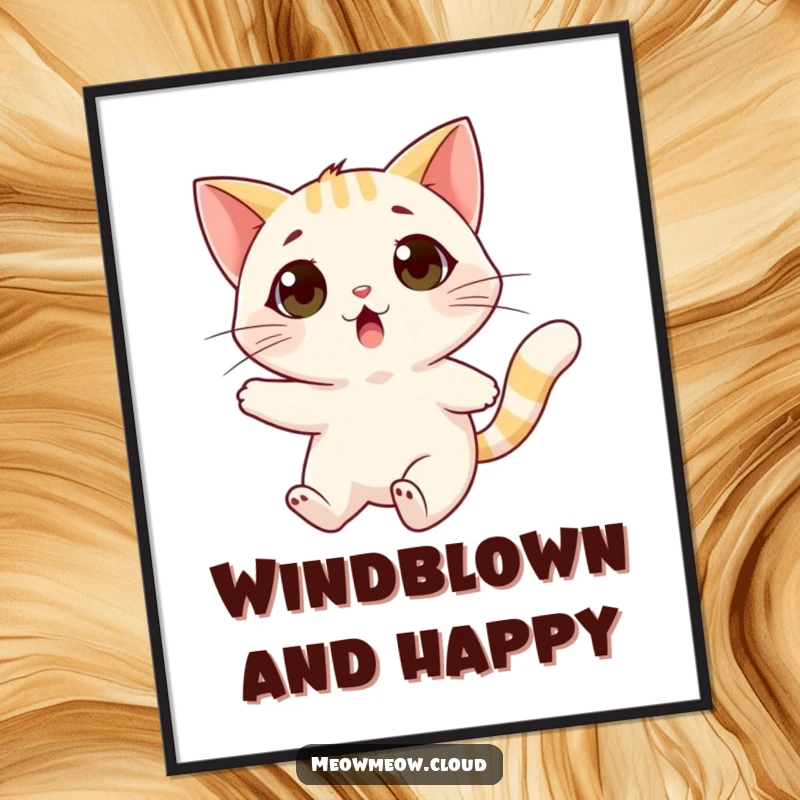Funny surprised cat poster artwork of a feline being carried by a friendly wind gust, bringing humor.