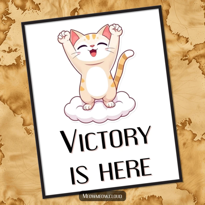 Funny poster print of a triumphant cat character standing on a cloud, arms raised in a joyous, victorious pose, bringing cheer to walls.