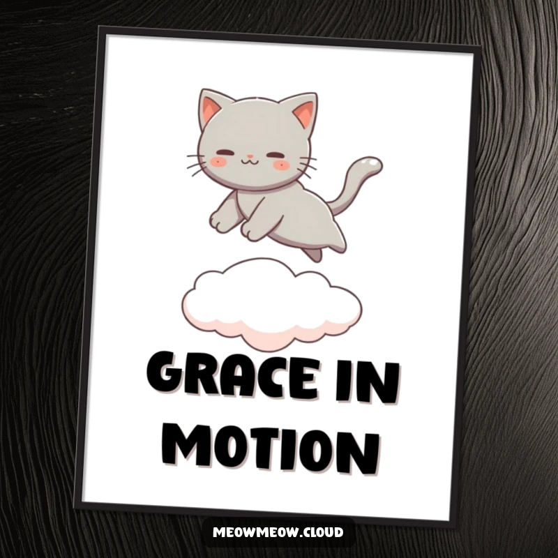 Funny Gray Cat Poster showcasing a feline gracefully leaping from one cloud to another, capturing a moment of agility. Elegant wall art.