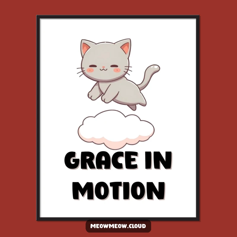 Funny Gray Cat Poster - Leaping Cloud Jumper Wall Art Gift