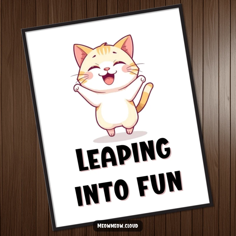 Funny poster illustrating a happy cat in a joyful, energetic pounce, perfect for dynamic wall art.