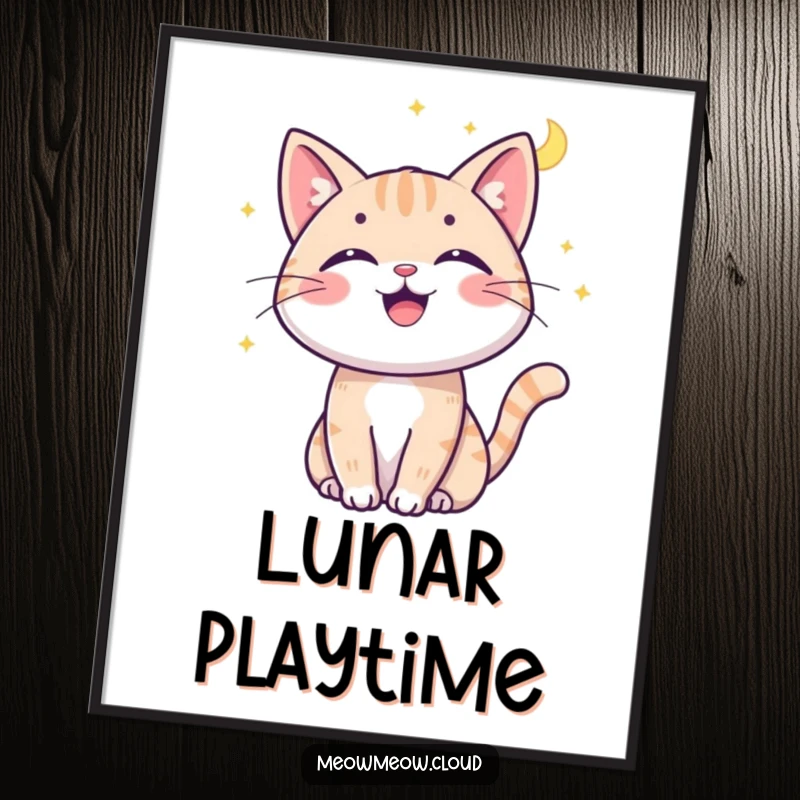 Funny cat moonbeam poster of a cheerful cat joyfully batting at a shimmering moonbeam, creating a whimsical atmosphere.