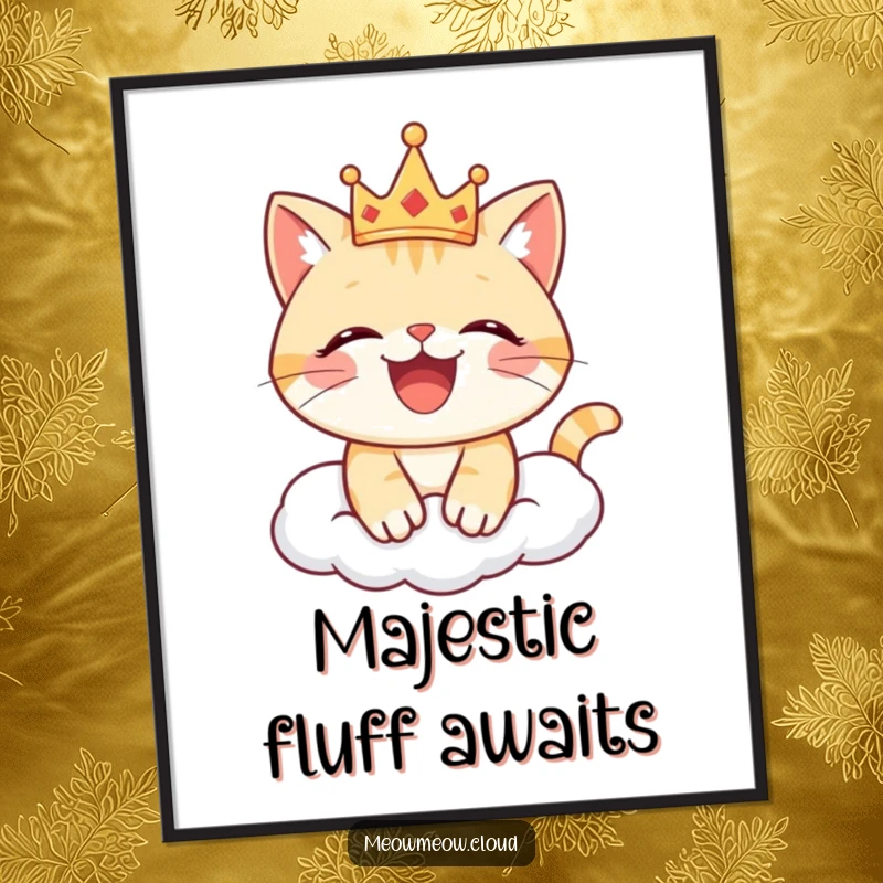 Funny cat poster featuring a joyful cat with a crown sitting on a cloud, adding a touch of regal fun.