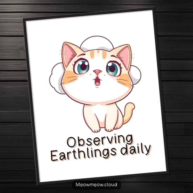 Funny curious cat gazing from a cloud with wide, amazed eyes, a hilarious poster print for witty home decor and as a funny gift.