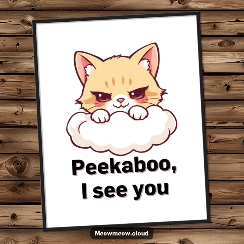 Funny poster depicting a mischievous cartoon cat hiding behind a fluffy cloud's edge.