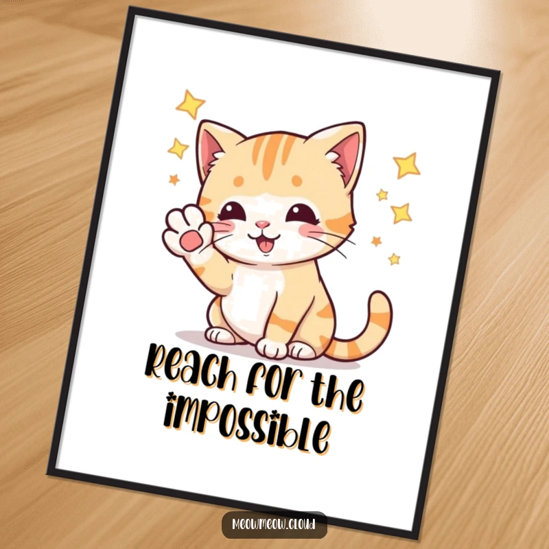 Funny playful cat batting at stars with its paw, framed wall art showcasing cosmic fun and wonder.