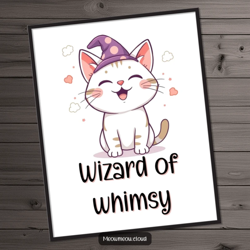 Funny wizard cat poster, enchanting artwork of a cat wizard casting cloud confetti, magical and humorous wall decor.