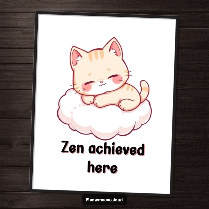 Funny cute cat purring softly while lounging on a cloud, presented as a heartwarming wall art poster.