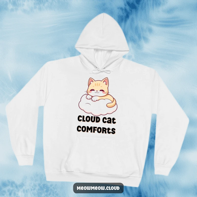 Funny hoodie showcasing a cute cat comfortably napping on a fluffy white cloud, symbolizing ultimate relaxation and comfort.