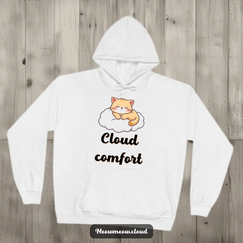 Funny cat napping soundly on a soft cloud, designed on a warm hoodie, promoting comfort and relaxation, a great funny gift.