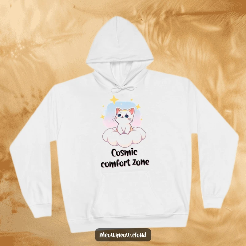 Funny hoodie featuring a dreamy cat gazing at stars from a cloud, offering warmth and a touch of cosmic wonder.