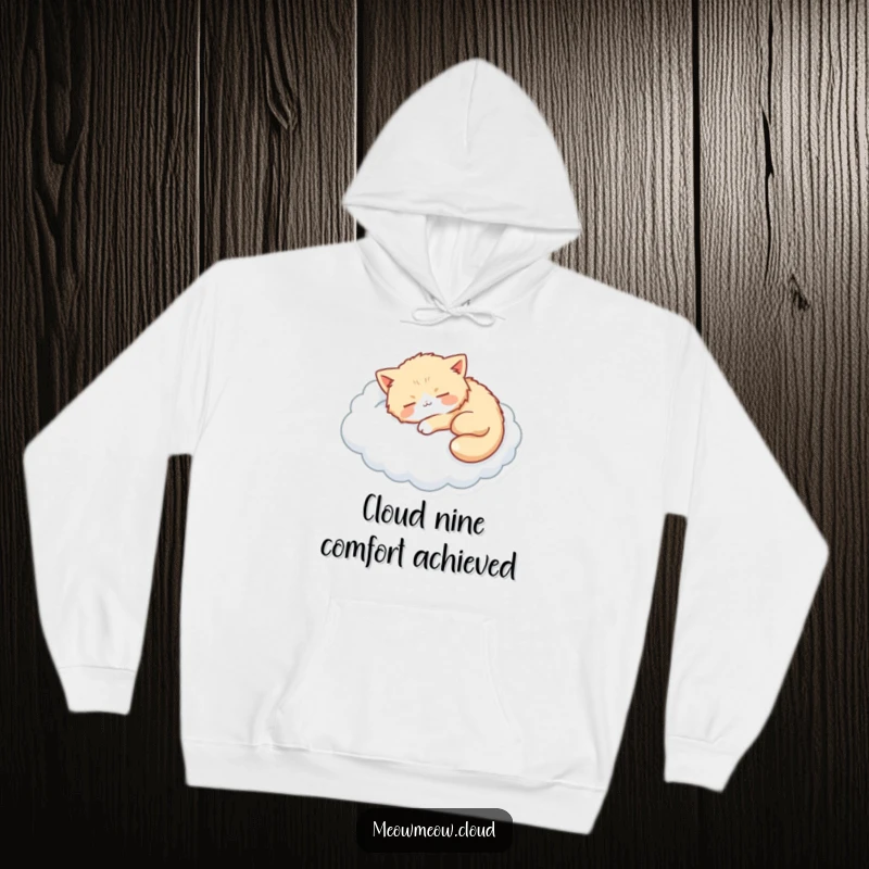 Funny hoodie featuring a fluffy cat napping gracefully on a cloud, designed for ultimate relaxation.