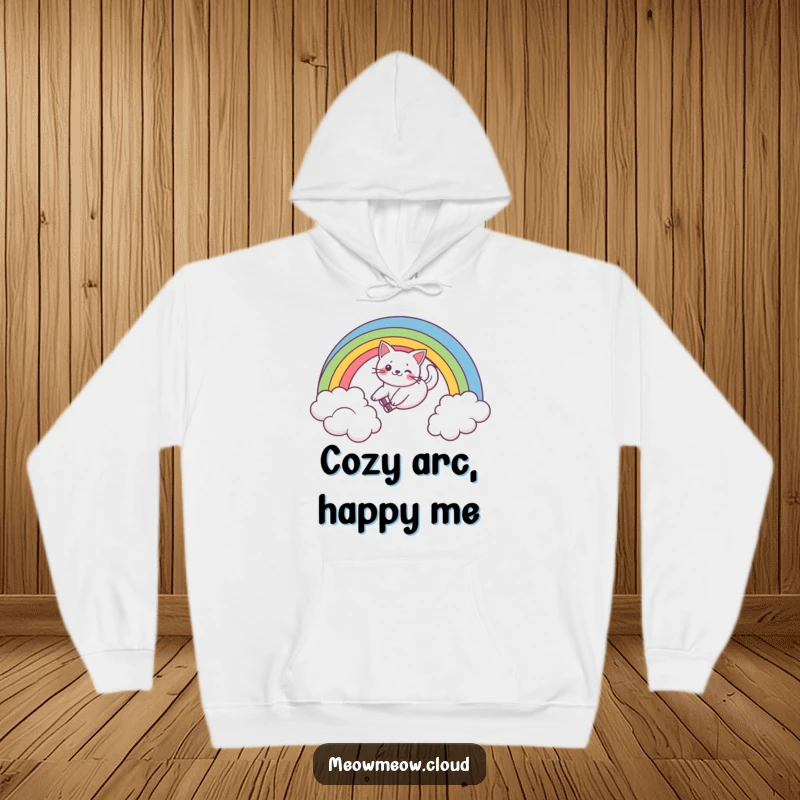 Funny hoodie depicting a playful cat sliding down a bright rainbow above a cloud, offering warmth and humor for all.