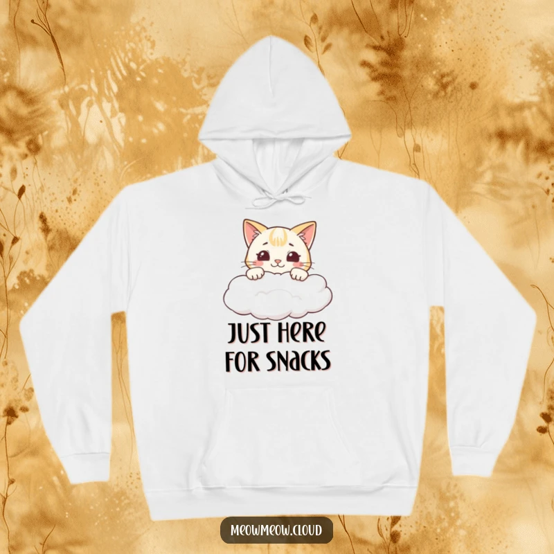 Funny hoodie with a cheeky cartoon cat peeking over a cloud with a big grin.