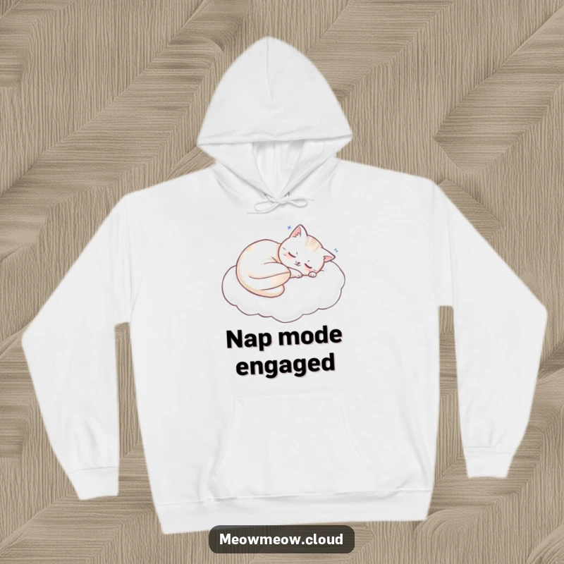 Funny sleeping cat on a cloud pillow on a cozy hoodie, ideal for ultimate comfort and funny gifts.