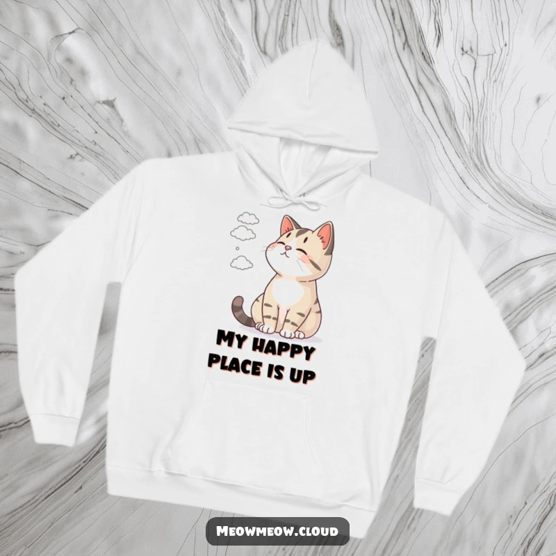 Funny hoodie with a content cat observing small clouds floating gently across a serene sky.