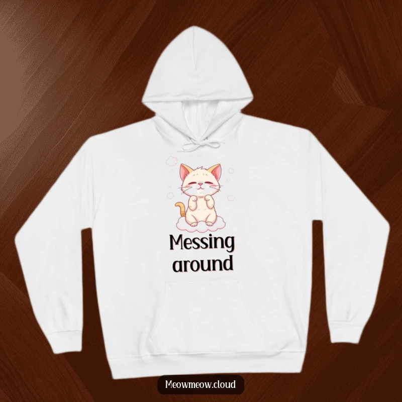 Funny cat cloud wisp hoodie featuring a mischievous cat playing with fluffy clouds, offering warmth and playful vibes.